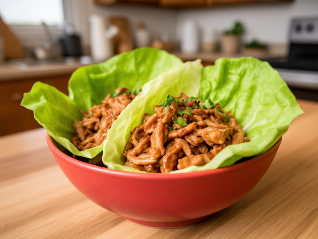 in a cozy kitchen on a table we see a bowl of Keto Pulled Pork Lettuce Wraps 🐷
Ingredients:
1 cup pulled pork (sugar-free)
4 lettuce leaves
1 tbsp sugar-free BBQ sauce
1 tsp chopped cilantro
Instructions:
Toss pulled pork with BBQ sauce and spoon into lettuce leaves.
Top with cilantro and serve.
Summary:
These pulled pork lettuce wraps are smoky, tender, and loaded with flavor. A keto-friendly twist on BBQ that’s sure to please. This one’s a keeper!