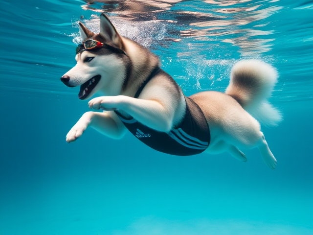A anthropomorphic Siberian husky wearing an adidas swimsuit and swimming goggles dancing underwater