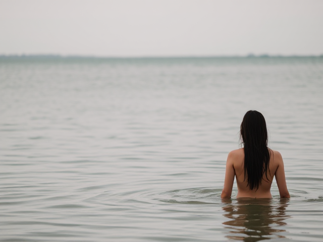 Woman standing in water back