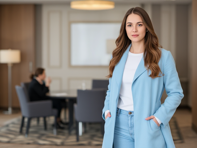 Brunette wearing a light blue coat and light blue jeans in a hotel meeting