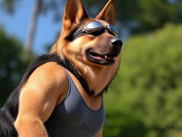 A anthropomorphic long-haired German shepherd with a long torso and broad shoulders wearing a one-piece swimsuit and swimming goggles