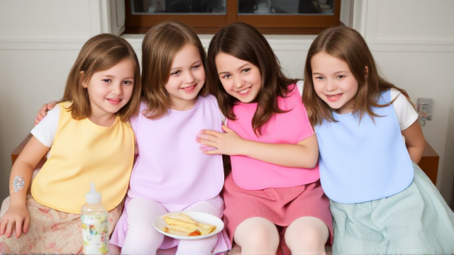 Quatre jeunes filles adolescentes aux cheveux lisses et dégagé et de différentes couleurs a l'avant assis a table  avec de la nourriture pour bébé et des biberons avec des grands bavoirs de différentes couleurs et des tétines en bouches elles ont des robes de différentes couleurs que les Bavoirs et avec des pantalons elle se font un gros câlin