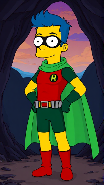 Cartoon scene: Milhouse Van Houten from The Simpsons, with his yellow skin, really big round nose, and blue hair that's slicked back and curled up at the top, but as a tall, 18-year old teenager, dressed as a parodied version of Robin, The Boy Wonder, with an extremely muscular body, wearing a dark green bodysuit with a red torso adorned with a small black circle with a light-green "H" symbol on his left pectoral, a silver utility belt with a red square buckle with silver pouches attached to it that hold all of his unique gadgets, red boots, red long-cuffed gloves, a really big, toe-length long, ultra-wide light-green cape wreathed around his neck held up by an inverted silver triangular button, and a light-green eye mask with optical lenses in it that protects his true identity, now known as Houseboy, The Nerd Wonder, the other half of Springfield's Dynamic Duo, and one of the greatest vigilante superheroes ever known in Springfield. In this scene, Houseboy is currently standing in a dark cavern, searching for a lost citizen that has been kidnapped.