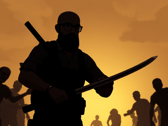 A animated image in the style of telltale walking dead,  a silhouette of a young bald Muslim man with a bushy beard and wearing black-framed eyeglasses holding a katana and wearing military gear while being surrounded by Zombies.