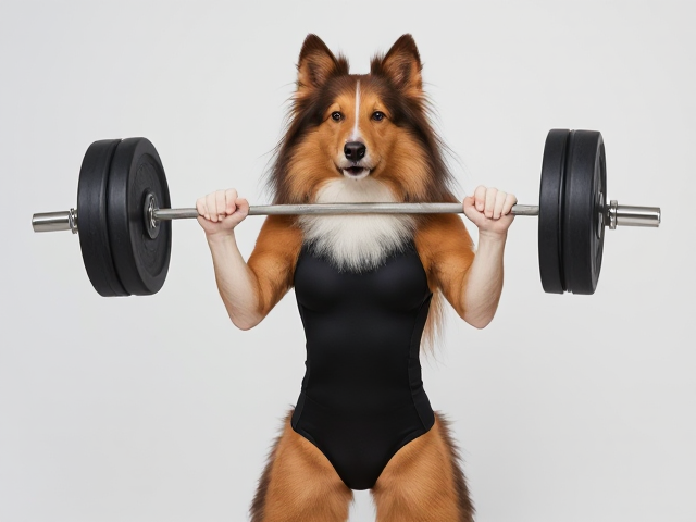 Head to toe Rough collie wearing a leotard lifting a barbell