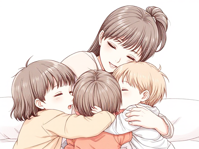 A detailed hand-drawn anime scene of a mother lovingly hugging her children, capturing warmth and emotion, intricate linework