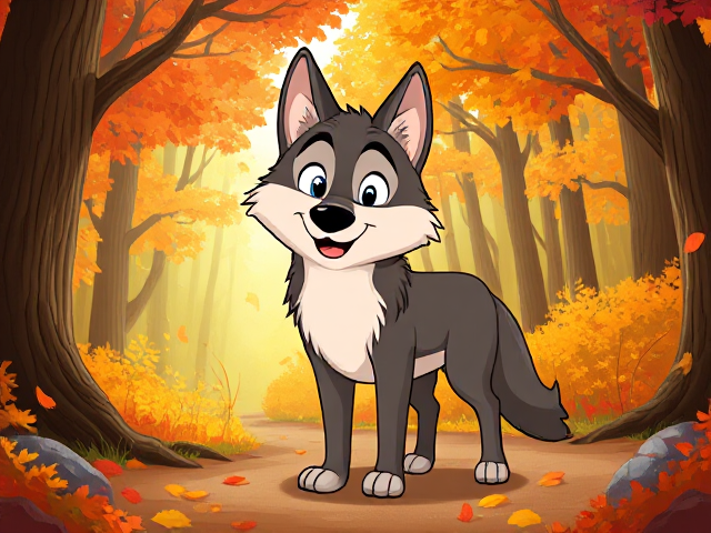 cartoon-style wolf standing in a vibrant autumn forest with colorful falling leaves, sunlight filtering through the trees, and a playful expression on the wolf's face