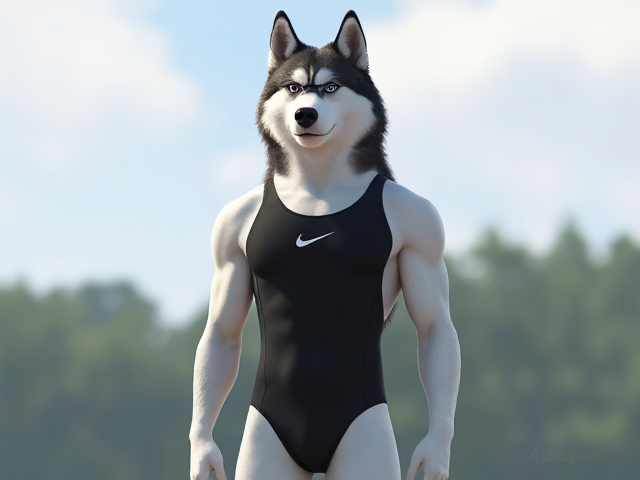 A tall anthropomorphic Siberian husky with a long torso and broad shoulders wearing a high cut Nike one piece swimsuit and swimming goggles