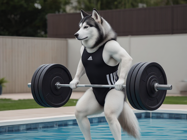 A anthropomorphic Siberian husky wearing an adidas swimsuit deadlifting a barbell on a pool deck