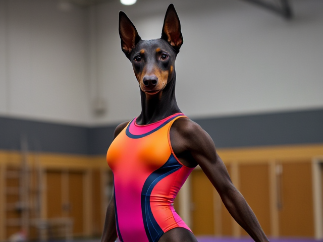 Anthropomorphic Doberman wearing a vibrant gymnastics leotard, posing dynamically in a gym setting, detailed fur texture and realistic lighting