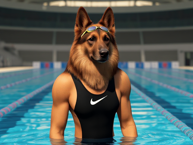A tall anthropomorphic long haired German shepherd with a long torso and broad shoulders, wearing a high cut Nike one piece swimsuit and swimming goggles, in a Olympic swimming pool