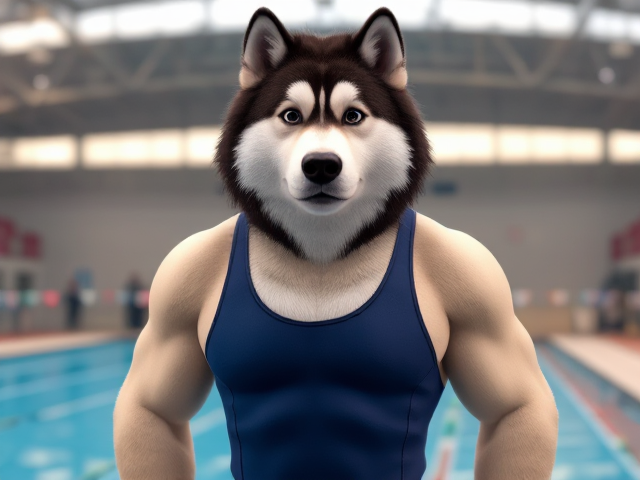 A tall Alaskan malamute Olympic swimmer with broad shoulders wearing a swimsuit, standing on a pool deck