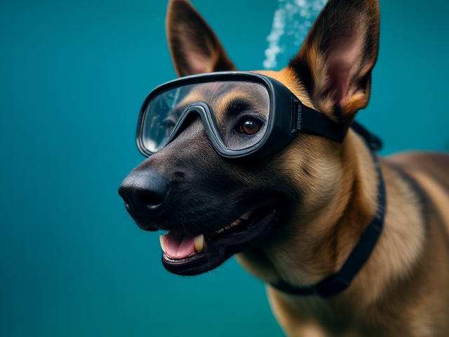 A Belgian malinois with visible ribs wearing Freediving goggles