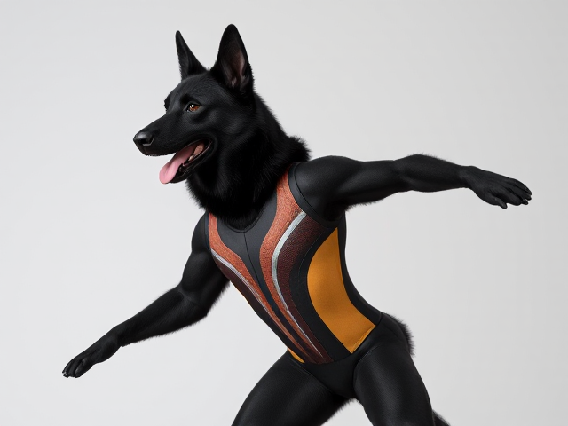 Anthropomorphic black German shepherd wearing a detailed gymnastics leotard, dynamic pose, high detail, vibrant colors, realistic fur texture