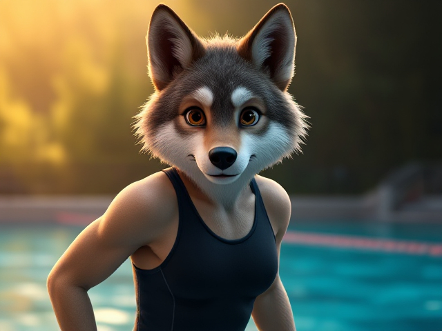 A wolf Olympic swimmer wearing a one piece swimsuit