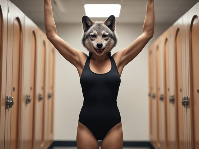 An ultra-realistic RAW photo captured on a Canon EOS 5D Mark IV with a Canon EF 50mm f/1.8 STM lens. The image is shot with a shallow aperture of f/1.8, a shutter speed of 1/125s, and a base ISO of 100. The lighting is soft, natural ambient light complemented by subtle rim lighting to define the subject, all under a daylight white balance of 5500K. This creates an extremely shallow depth of field with sharp focus on the subject and a smoothly blurred background. The final image is a high-resolution digital capture with only a hint of natural sensor noise, retaining authentic lens characteristics like soft vignetting and minor chromatic aberration on high-contrast edges. The color profile is neutral with minimal processing to preserve natural, true-to-life tones, and the composition is perfectly framed following the rule of thirds., A Gray Wolf wearing a racerback one-piece swimsuit , A tall, lean, anthropomorphic animal with a wiry, muscular frame, broad shoulders, and narrow hips stands in a locker room, her arms raised in celebration, a broad smile on her face. Her physique is extremely low in body fat, emphasizing his thin frame and high muscle definition. The image is rendered in an anthro art style, capturing the zoomorphic character with enhanced detail in highlights and shadows, typical of high dynamic range photography.