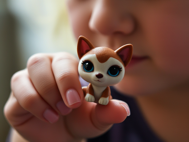 Child hand holding littlest pet shop toy. Watercolour paining