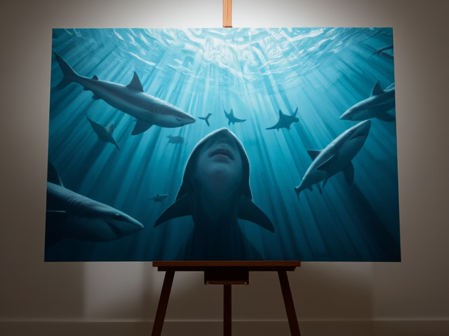 Inside the ocean with sharks, painting, on a stand with good lighting