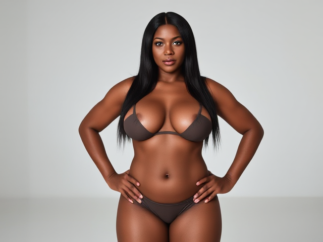Beverly, a 45-year-old curvy, fit black woman with a commanding presence, standing in a stark, monochromatic room. Her severe expression, framed by long, straight hair that falls to her shoulders, exudes an air of confidence that seems to challenge the viewer. She wears a very tiny stretchy bikini that accentuates her voluptuous curves and toned physique, Beverly's posture is upright and uncompromising, with her hands firmly planted on her hips, as if daring anyone to question her authority or beliefs