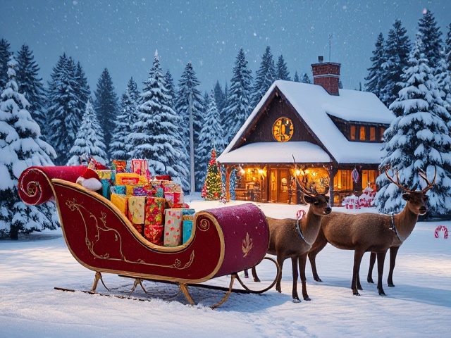 A magical and festive Christmas scene set in the snowy North Pole. The centerpiece is Santa's sleigh, overflowing with colorful and beautifully wrapped gifts, surrounded by reindeer standing in the snow. In the background, Santa's workshop glows warmly with Christmas lights and festive decorations, nestled among snow-covered pine trees. The entire landscape is blanketed in soft, sparkling snow, with candy canes and other whimsical details scattered around. Snowflakes gently fall from the sky, adding a touch of enchantment to the scene. The atmosphere is cozy, magical, and brimming with the holiday spirit, perfect for capturing the essence of Christmas."