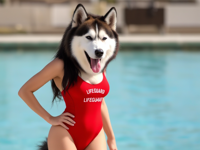 A anthropomorphic female alaskan malamute with broad shoulders wearing a red lifeguard one piece swimsuit