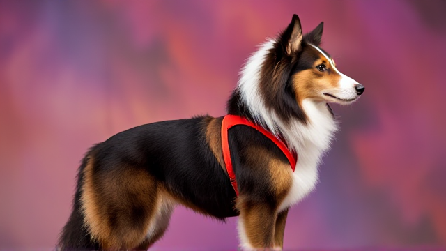 Rough collie wearing a gymnastics leotard, standing tall, detailed and vibrant background