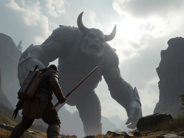 Video game player slaying a giant