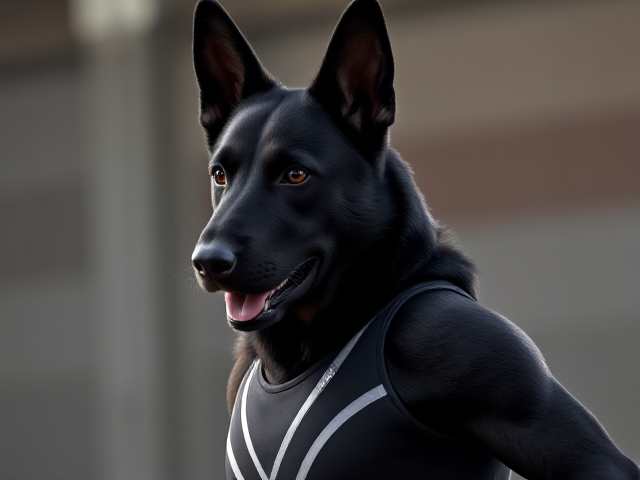A anthropomorphic black German shepherd Olympic gymnast wearing a leotard