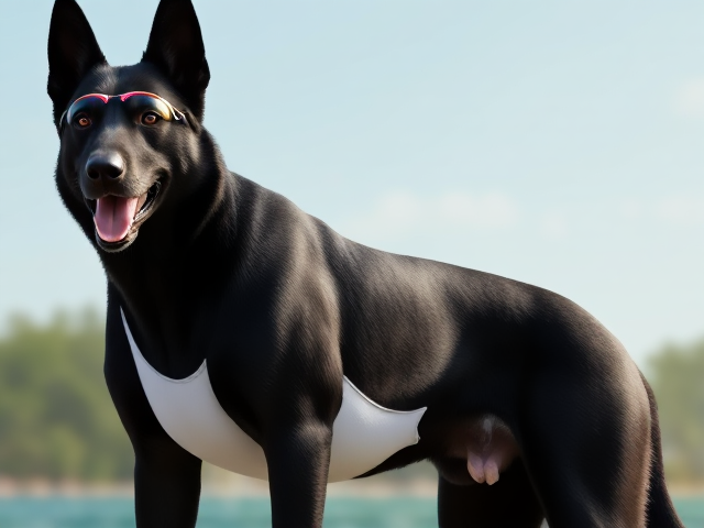 A tall and lean anthropomorphic black German shepherd with a long torso and broad shoulders wearing a white high cut Nike one piece swimsuit and swimming goggles