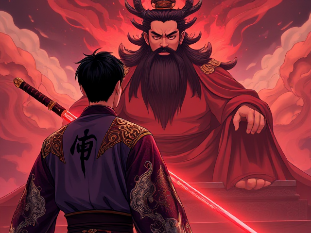 A man with short black hair holds a magical glowing red and black Chinese-style straight short katana in his right hand. He wears intricately designed traditional Chinese mythology clothing, featuring elaborate patterns and vibrant colors. A distinct black tattoo of a Chinese symbol is on the back left side of his neck. He stands facing away, gazing at the towering figure of Shangdi, the supreme god with long flowing black hair and a thick long black beard, who sits cross-legged before him. The scene is illustrated in a detailed and vibrant anime style with dynamic lighting and vivid contrasts.