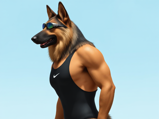A tall and lean anthropomorphic long haired German shepherd with a long torso and broad shoulders wearing a high cut Nike one piece swimsuit and swimming goggles