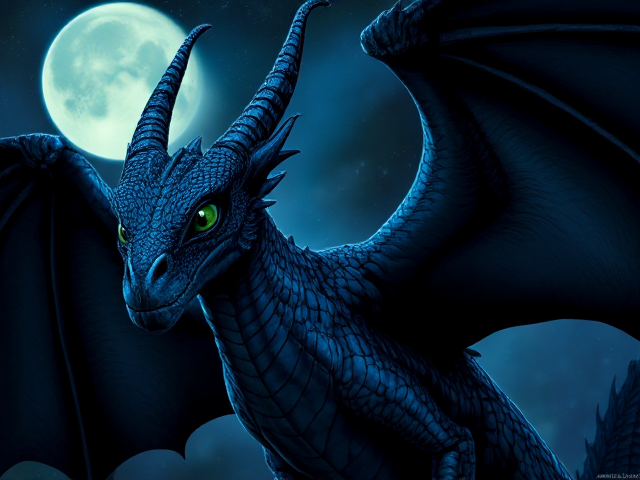 young female dragon that had midnight blue scales and dark obsidian-black wings. she had eyes that were green like poison ivy. she had a narrow, beautiful face, long, twisted horns, and was a great friend despite her sense of attempted maturity and seriousness. Her huge wingspan was as wider than herself, and she had a very long neck. she was cold-eyed and powerfully built, with scales that blend into the night. she moved maturely and purposefully