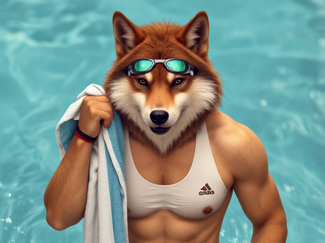 A anthropomorphic wolf wearing an adidas swimsuit and swimming goggles drying off with a towel