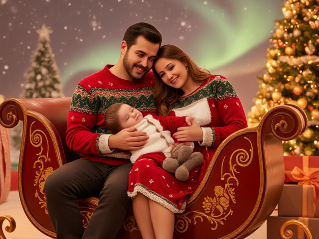 A realistic family portrait set in a warm, magical holiday scene features a young couple and their baby in cozy Christmas-themed outfits. The man is seated on a beautifully decorated Santa’s sleigh with intricate golden patterns, slightly leaning to one side with his head tilted at an angle. The woman is sitting close to him, lovingly leaning her head on his shoulder, while the baby lies across both their laps, appearing calm and cheerful as the parents gently hold the baby. The man is dressed in a festive red and green Christmas sweater paired with winter pants, the woman is wearing a cozy, elegant red dress with subtle snowflake patterns and warm tights, and the baby is in an adorable Santa Claus outfit complete with a hat and tiny booties.

The setting is a magical North Pole backdrop featuring softly falling snowflakes, a glowing Christmas tree, and faint northern lights shimmering in the distance. The sleigh is surrounded by beautifully wrapped gifts, adding to the festive atmosphere. The lighting is warm and inviting, with a golden glow highlighting the family’s love and joy. The skin tones are photorealistic, with the man having a medium-brown complexion, the woman a lighter complexion, and the baby’s skin tone reflecting a blend of both parents. The overall vibe of the image is enchanting, evoking the warmth, joy, and magical spirit of Christmas in a photorealistic style.