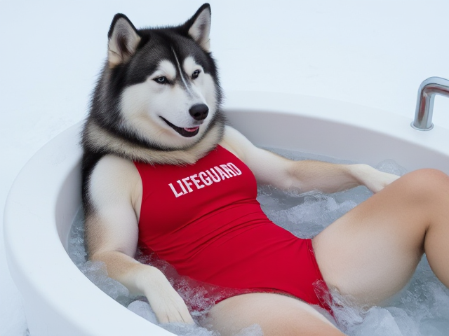 A anthropomorphic alaskan malamute wearing a red lifeguard one piece swimsuit sitting in a ice bath relaxing her sore muscles
