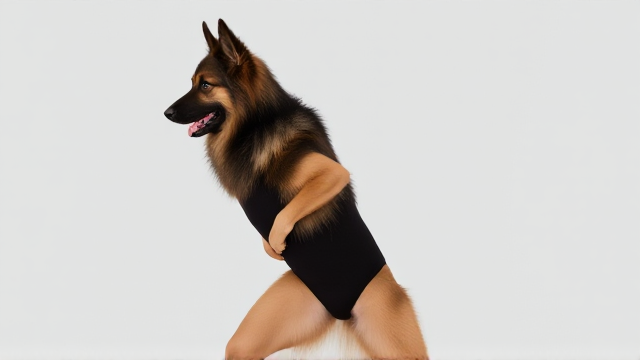 Long-haired German Shepherd with a leotard, performing gymnastics, emphasizing her hips, vibrant and dynamic pose