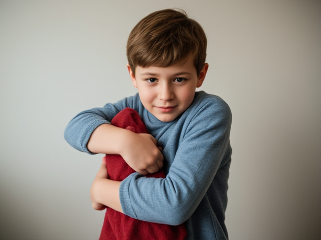 tall skinny older teenage boy hugging sad little brother