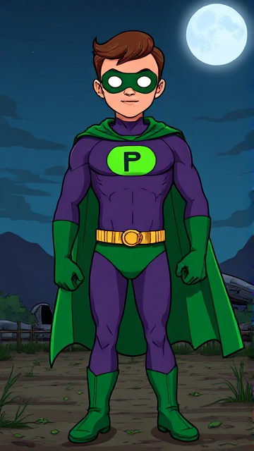 Dramatic Comic Book Cartoon scene: A young, Autistic 25-year old boy with light skin and flat, smooth, and slick brown hair with a singular curled bang in the shape of a P sticking out at the front named T.J. Granger, but transformed into a genetically-altered superhero named Powerman, who, despite still being a young adult kid, has an extremely muscular body. He wears a sleek purple bodysuit with a green P symbol on his chest, a golden belt with a circular buckle, green briefs, green boots, green long-cuffed gloves, a really big, toe-length long, ultra-wide green cape wreathed around his neck, and a green eye mask that protects his true identity and also causes his pupils to magically disappear as his eyes glow an eerie white. He also has incredible and invincible superpowers flowing through his veins. In this scene, Powerman is currently standing in front of a crashed alien mothership on the outskirts of a farm at night, ready for action as he prepares to take flight for the first time and fulfill his destiny.