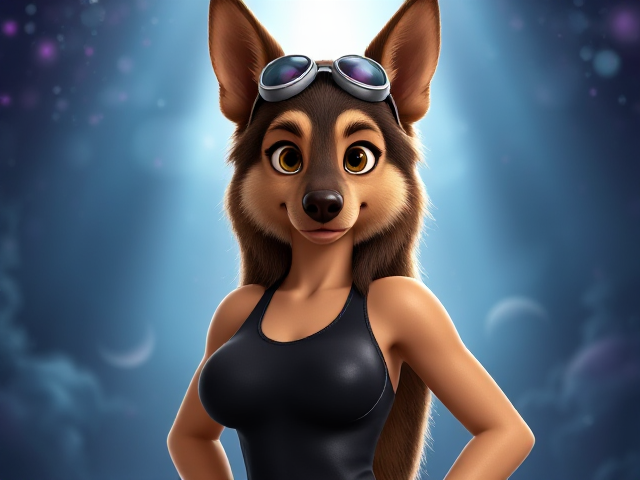 A long haired female German shepherd with a long torso and broad shoulders wearing a racing swimsuit and swimming goggles