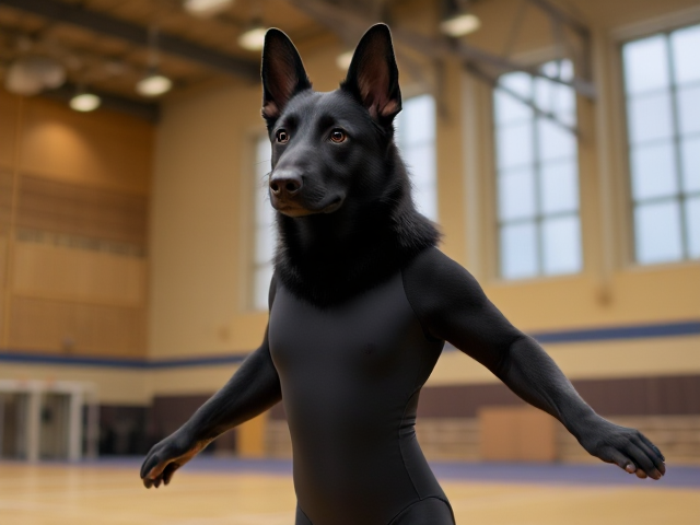 A anthropomorphic black German shepherd with blonde hair wearing a gymnastics leotard in a gymnasium