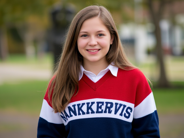 a teen girl wearing a "Nankervis college" school rugby jumper. Red white and blue