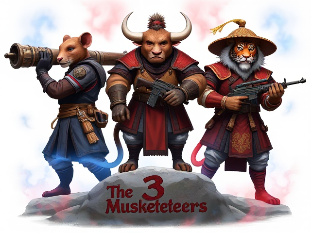 A paint digital illustration featuring three legendary Chinese zodiac warriors: a rat, an ox, and a tiger.

Rat warrior wields a giant canon at his back ; Ox holding a nikita and the tiger with guns wearing an Asian conical hat. Standing straight. They are dynamically posed against a soft white background. Blue and red light swirls around them, forming the number "3" in a vibrant fantasy atmosphere. Focus on intricate details of their armor and expressions. The image is high contrast with vivid colors, captured with a shallow depth of field to emphasize the characters. They stand on a rock slicing engraved  "The 3 Musketeers". “3” centered and big.