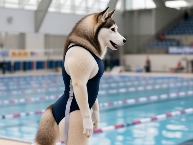 A tall ((anthropomorphic)) Siberian husky Olympic swimmer wearing a one piece swimsuit standing on the pool deck