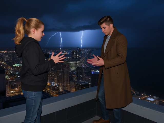 A petite 13-year-old girl with strawberry blonde hair in a ponytail, wearing a hooded pullover and jeans, is standing on the roof ledge of a night club. Next to her on the roof, standing nearby is a modern-day, pale skinned vampire in his late twenties, with blonde hair, dressed in a brown trench coat and jeans. He appears uneasy as he looks at her, holding his hands out and palms up, taking a step back. The girl gestures angrily at him with her hands, flailing her arms and scowling angrily at him in frustration. A thunderstorm approaches the cityscape from the sea shore. Set at night. The girl has a cut in her forehead.