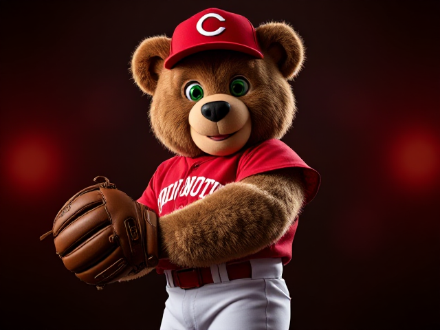A muscular athletic teddy bear army camouflage colored fur green eyes wearing a reds uniform red hat red jersey white pants red socks red cleats wearing a brown baseball glove on his left hand smiling