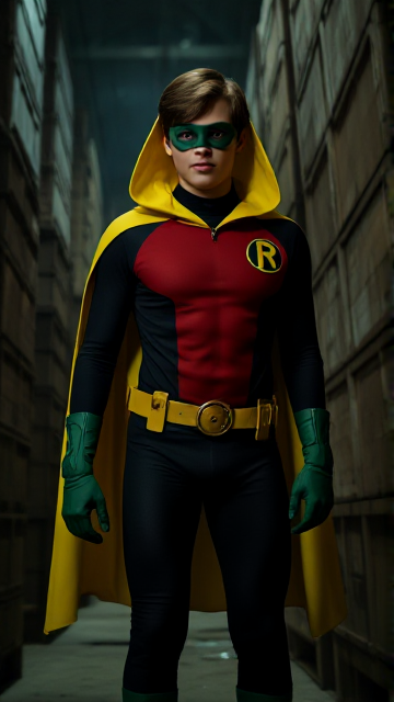 Dramatic and Chilling Movie scene: A young, Autistic 25-year old boy with light skin and brown hair named T.J. Granger, but dressed as a new version of Robin, The Boy Wonder, with an extremely muscular body, wearing a sleek black long-sleeved bodysuit with a red torso with a black circle with a yellow R symbol on his left pectoral, a golden utility belt with a circular buckle with yellow pouches attached to it that hold all of his unique gadgets, green boots, green long-cuffed gloves, a really big, toe-length long, ultra-wide yellow hooded cape wreathed around his neck that drapes around his body, and a green eye mask that protects his true identity, now known as Robin, The Phantom Of The Night. He is currently finding himself in a dark factory at night as he hides behind a large stack of crates, beginning his infiltration into a villain's lair.