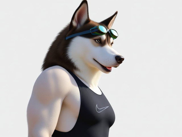 A tall anthropomorphic Siberian husky with a long torso and broad shoulders wearing a high cut Nike one piece swimsuit and swimming goggles