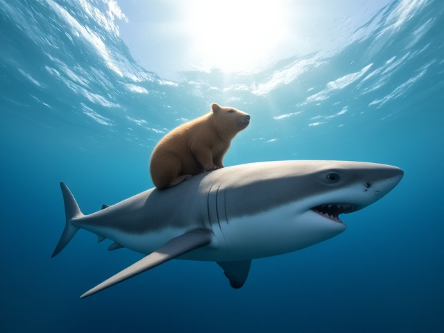 A cute capybara riding on the back of a great white shark in the ocean with the sun shining above