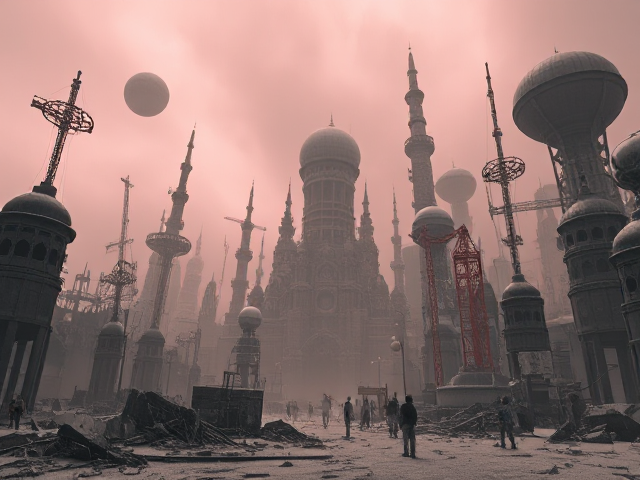 “A collage of a post-apocalyptic world in Smokey Gray and Dusty pink colors, dadaism, volumetric lighting