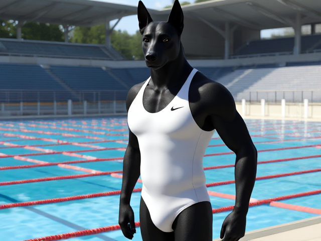 A tall anthropomorphic black German shepherd with a long v-shaped torso, broad shoulders and a narrow waist, wearing a white Nike one piece swimsuit while standing next to a Olympic-Sized swimming pool